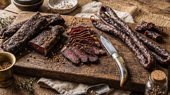 Biltong and droëwors on a wooden board