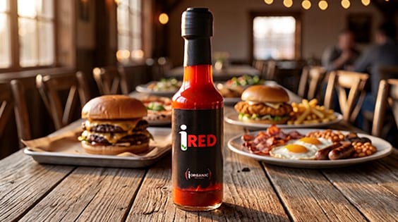 iRED hot sauce on a table set with burgers and a breakfast plate