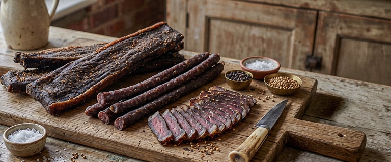 Biltong, beef droewors and sliced biltong on a wooden board with salt and coriander