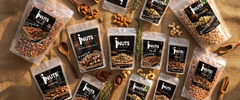 The full iNUTS range laid out on hessian with wooden scoops