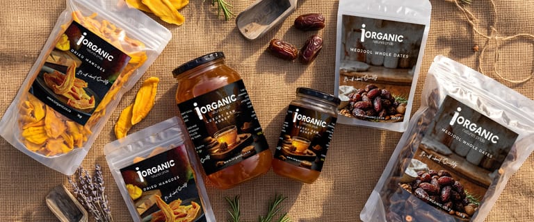 iOrganic dried mangoes, Medjool dates and luxury raw honey