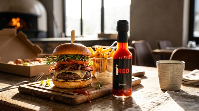 iRED hot sauce with a burger and fries
