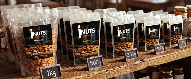 iNUTS almond packs on a farm shop shelf, graded 60g through 1kg